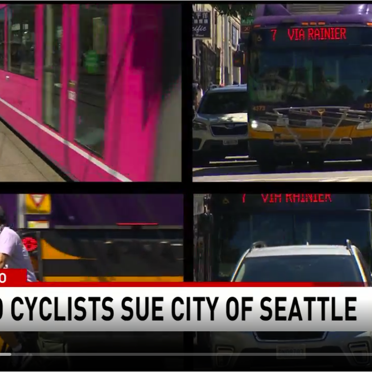 Image of KOMO News story about injured bicyclists suing Seattle for unsafe road. S. Jackson